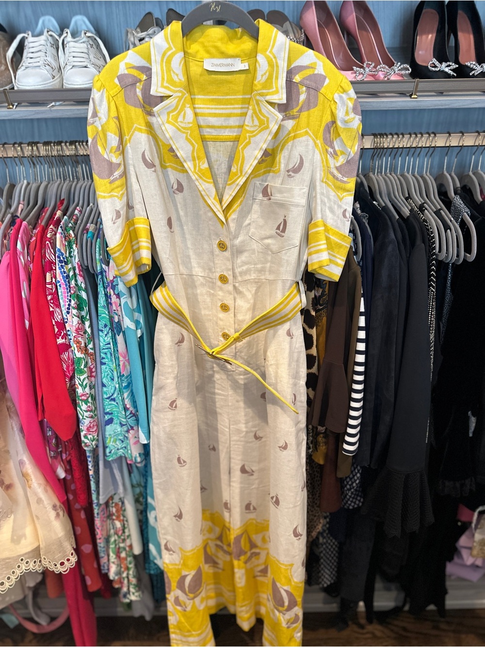 Zimmermann Yellow & Cream Linen Midi Jumpsuit size 3 or US 10 w/ Sailboat Motif